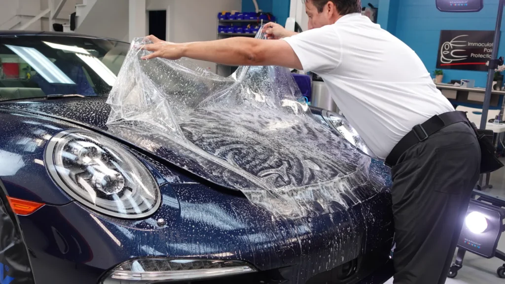 Bill Fetter of Immaculate Paint Protection carefully aligning a clear sheet of Paint Protection Film (PPF) onto the hood of a 2014 Porsche 911 inside the shop.