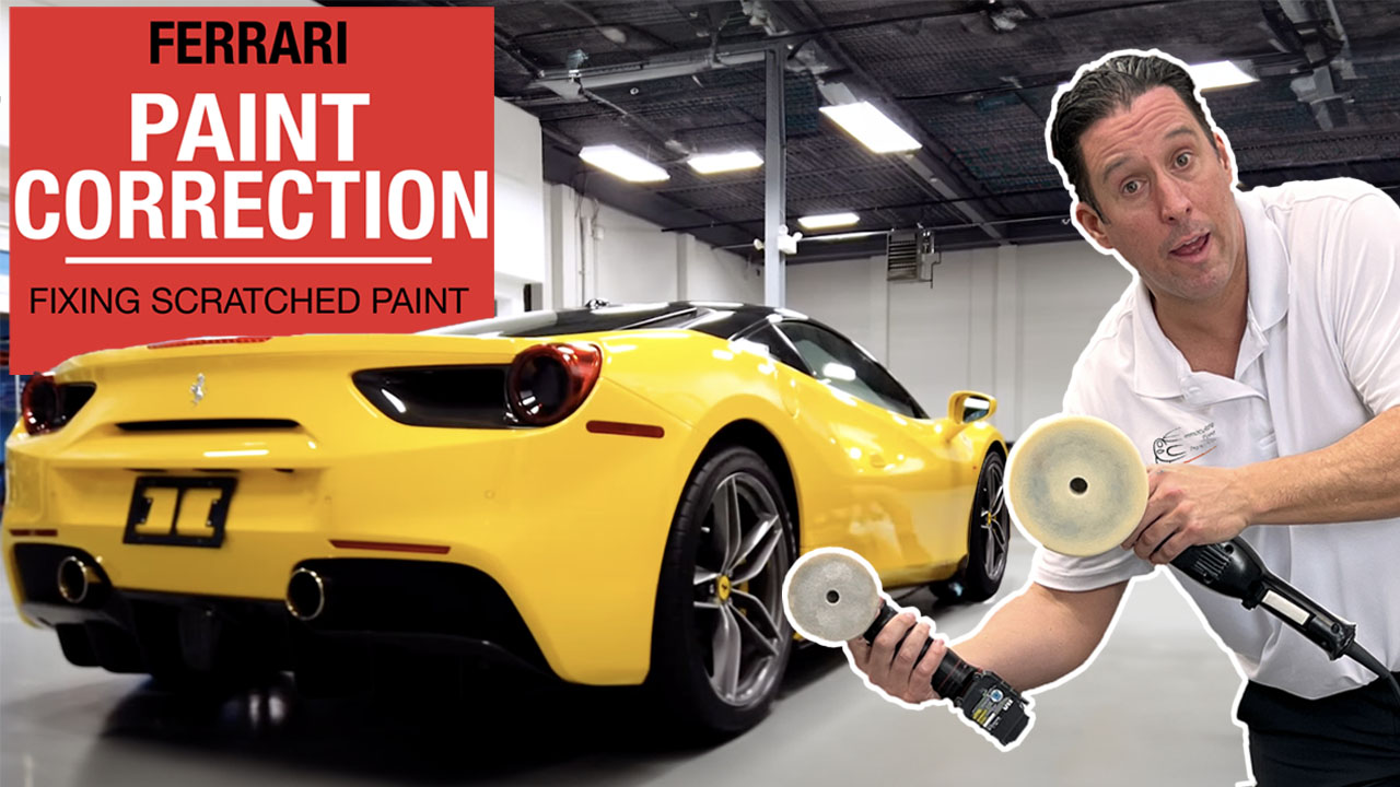Bill Fetter from Immaculate Paint Protection performing specialized paint correction on a 2017 Ferrari 488 GTB. The process demonstrates the 'least aggressive method' philosophy, using Rupes polishers and Gyeon products to achieve a flawless finish while preserving maximum clear coat thickness and long-term paint health.