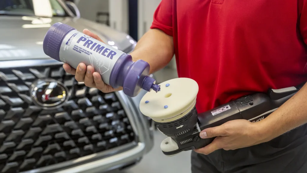 Bill Fetter applying Gyeon Primer to a white Rupes foam finishing pad on a Rupes machine polisher to prepare a Lexus LX 470 for ceramic coating application.