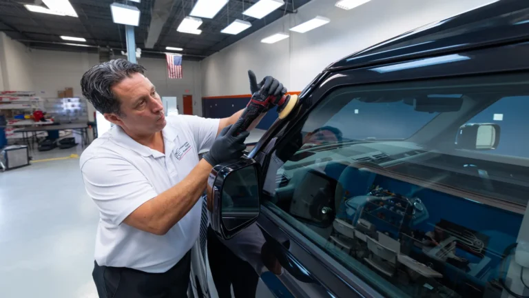 Bill Fetter using a compact Flex PXE 80 cordless polisher with a 3-inch pad to perform precision paint correction on the A-pillar of a Santorini Black Land Rover Defender.