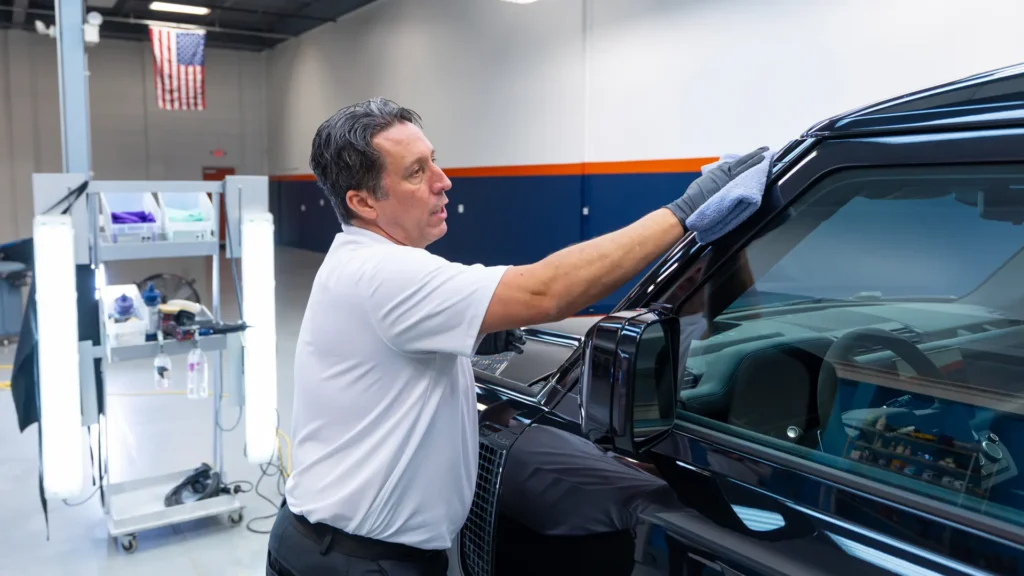 Bill Fetter using a high-quality, edgeless microfiber towel to carefully remove finishing polish residue from the hood of a Santorini Black 2024 Land Rover Defender.